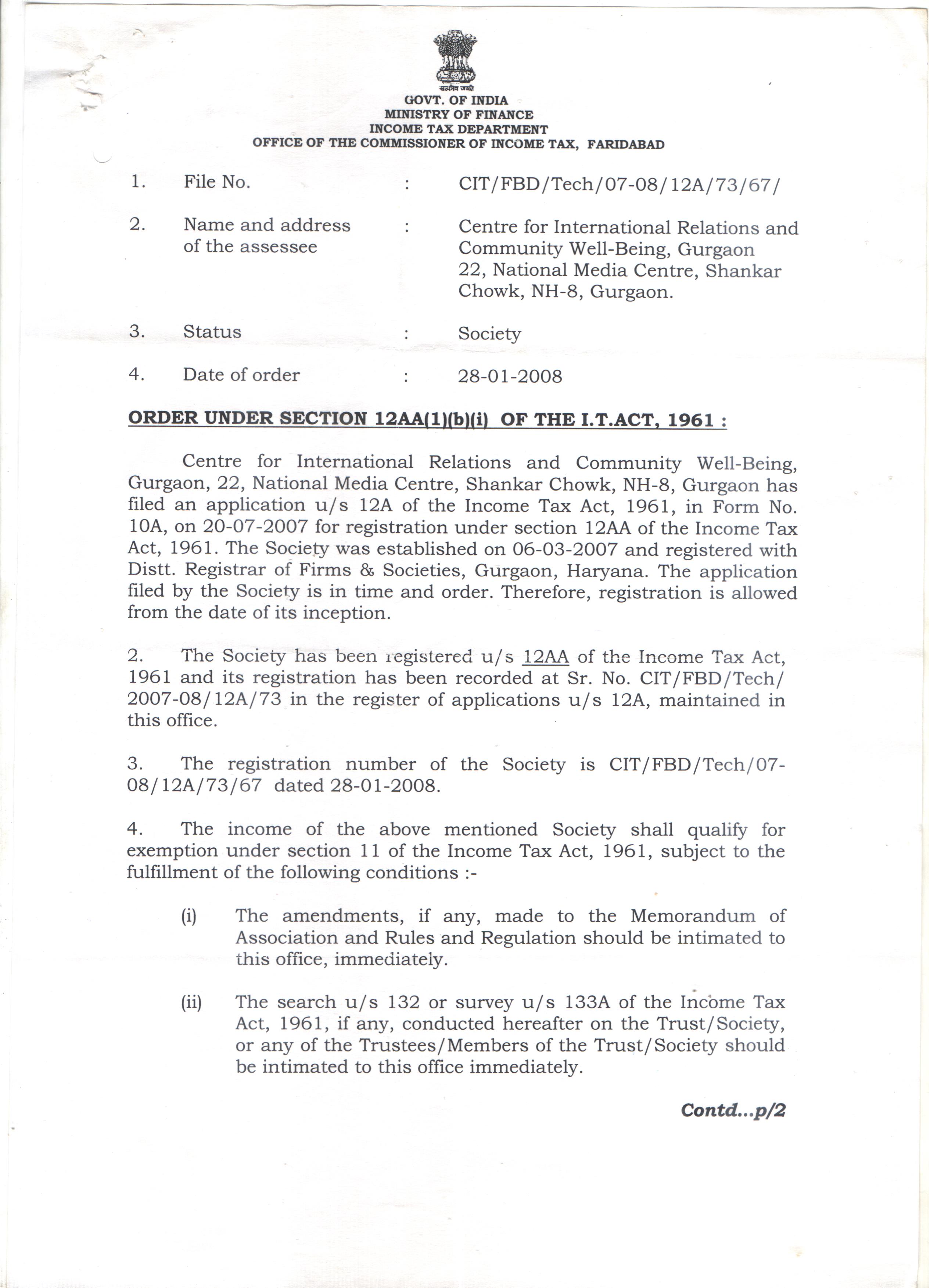 CIRC Tax exemption certificate - Section 12A